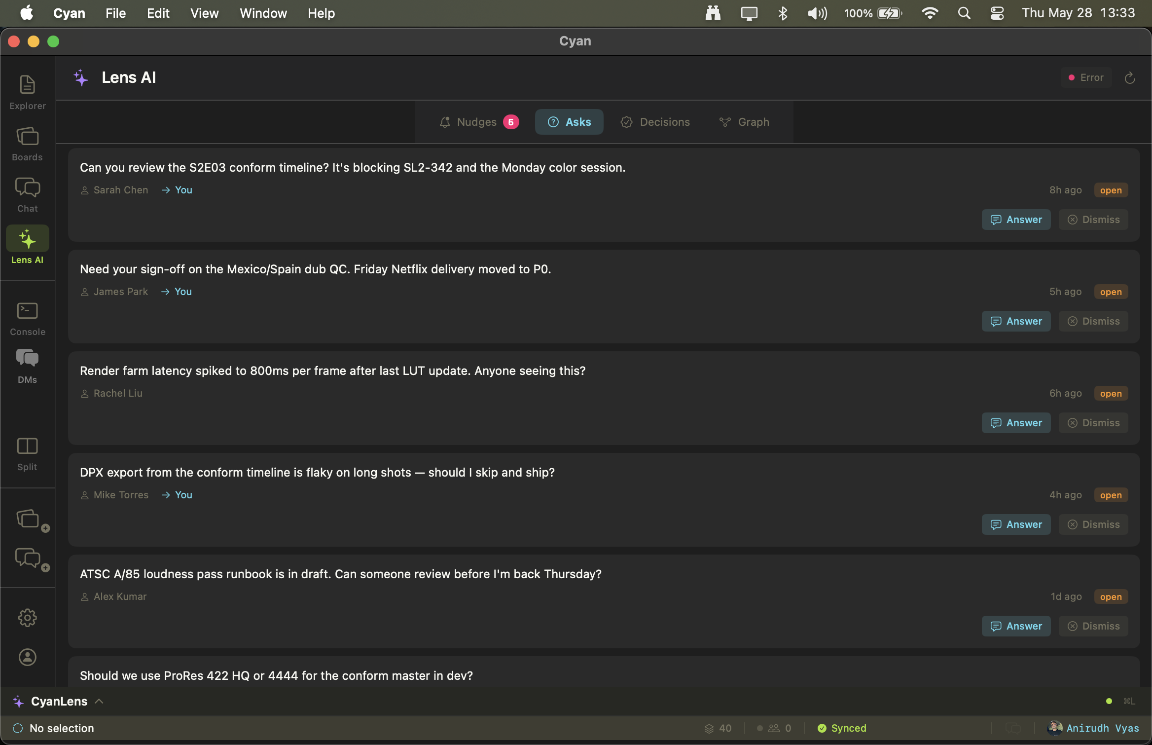 Cyan Lens — Asks tracks every open question across the team