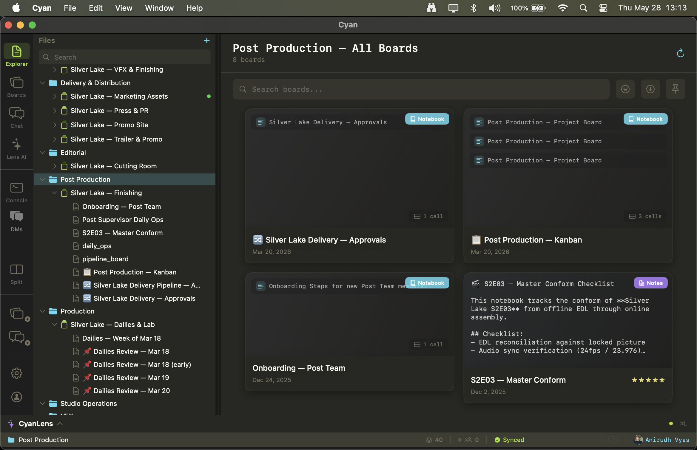 Cyan workspace — departments, workspaces, and boards for a post-production team
