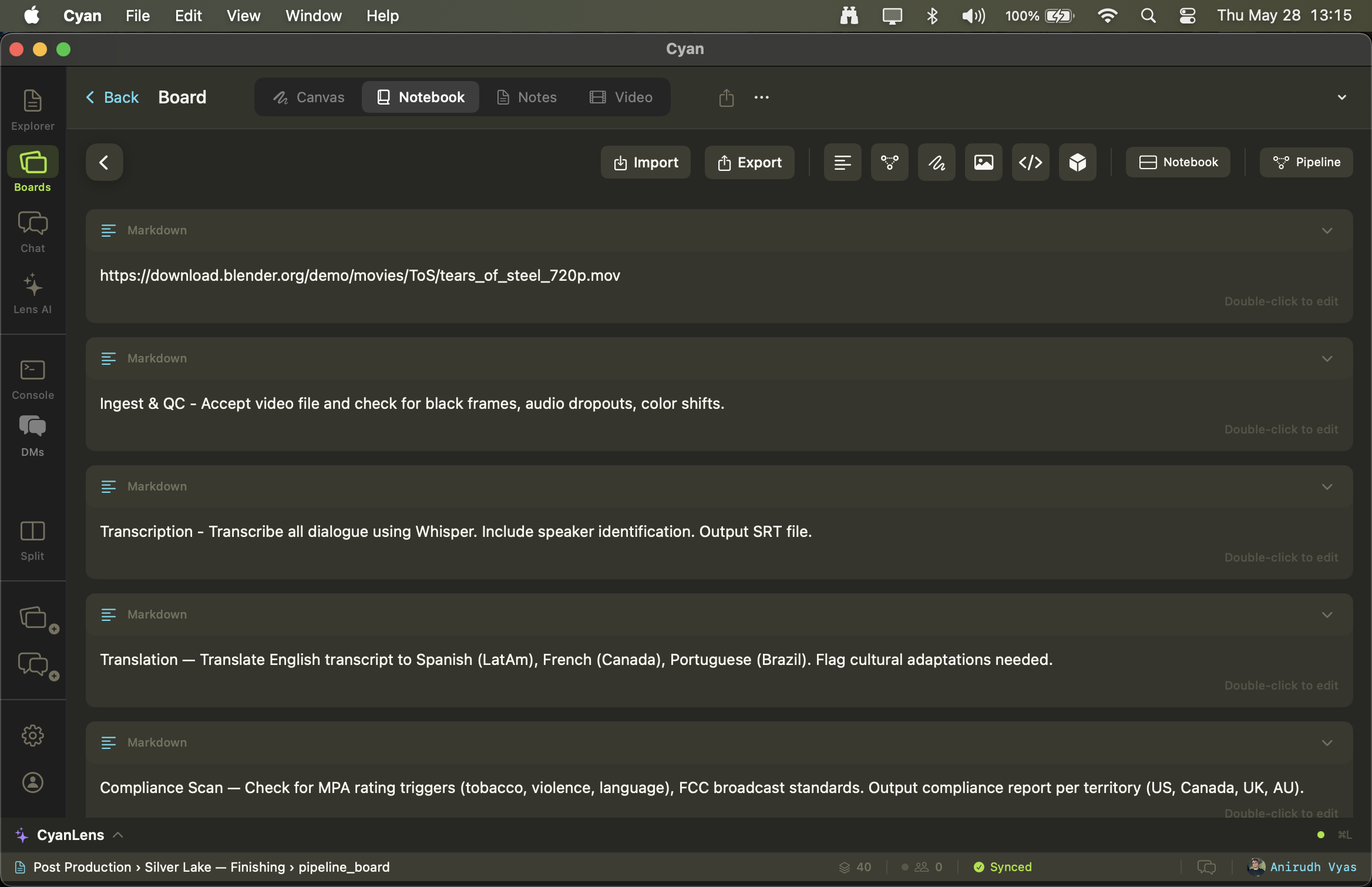 Describe your post-production workflow in plain English — Cyan compiles it