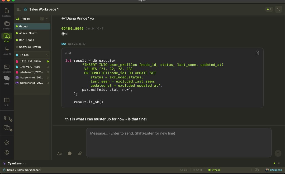 Cyan chat — team collaboration with code sharing and file attachments