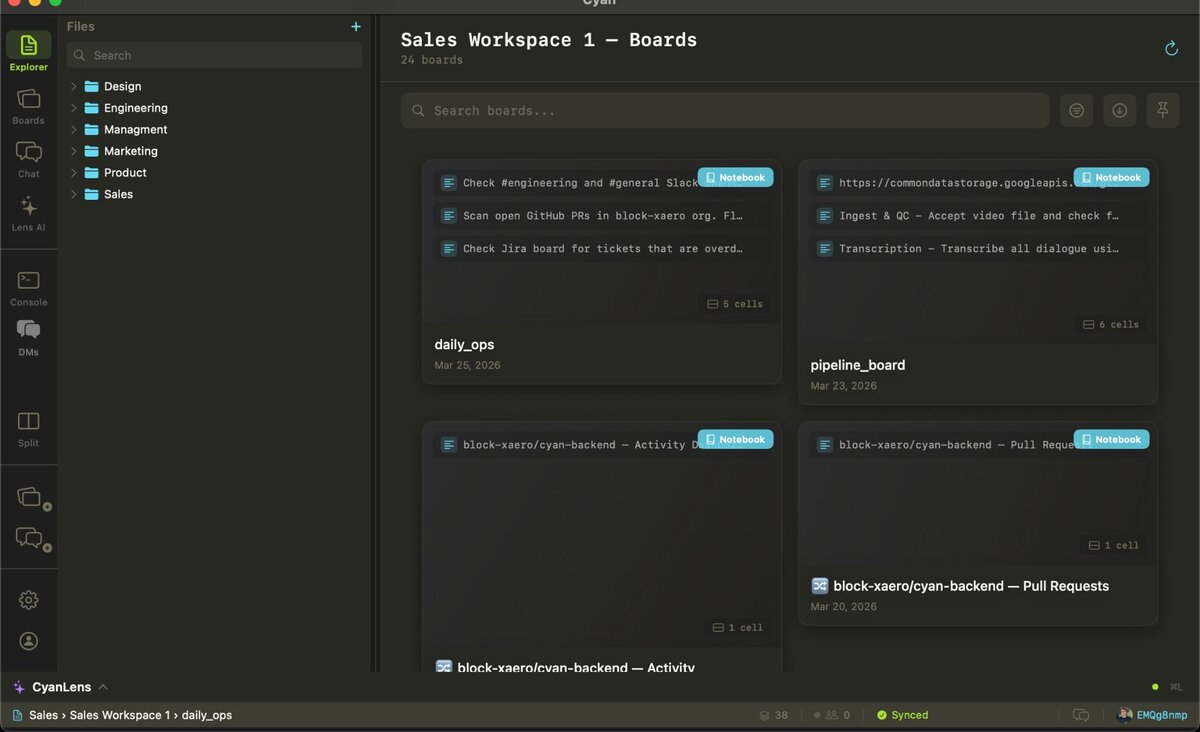 Cyan workspace — departments, boards, and notebooks