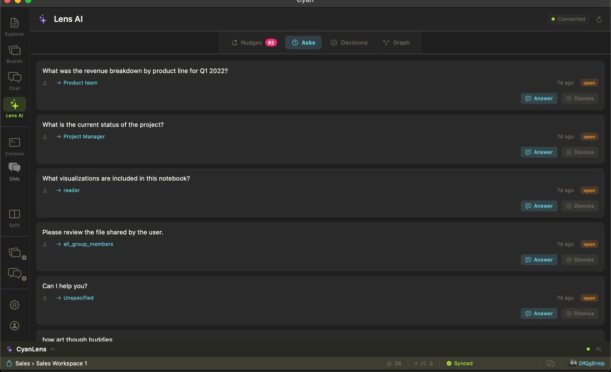 Cyan Lens — open questions tracked and routed to the right people
